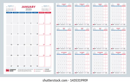 Calendar for 2020 year. Calendar planner stationery design template. Portrait orientation. Week starts on Monday