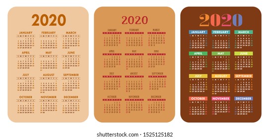 Calendar 2020 year. Pocket card set. Vector design collection. Color English calender. Basic grid template for print. Week starts on Sunday