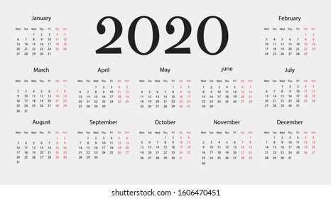 Calendar 2020 year.  Pocket square calender. Vector