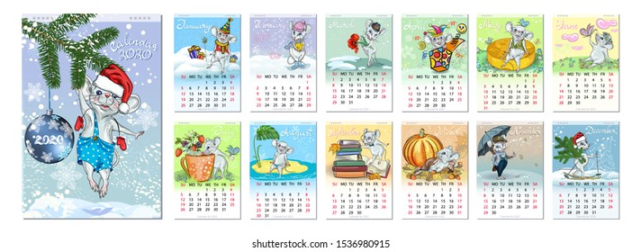 Calendar 2020 year of the rat. 12 months with the holidays. Original seasonal compositions with mice are presented.