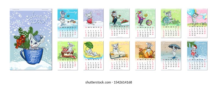 Calendar 2020 year of the rat. 12 months with the holidays. Original seasonal compositions with mice are presented.