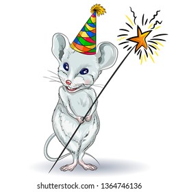Calendar 2020 year of the Rat. White mouse-Santa with a Sparkler. Winter greeting card - happy New year and Christmas, drawing on dishes, mugs, clothes