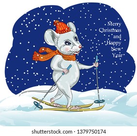 Calendar 2020 year of the Rat. White mouse skiing. Winter greeting card - happy New year and Christmas, drawing on dishes, mugs, clothes