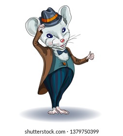 Calendar 2020 year of the Rat. White Mouse in a vintage suit of a gentleman. Winter greeting card - happy New year and Christmas, Valentine's Day, March 8, drawing on dishes, mugs, clothes