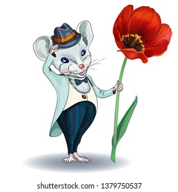 Calendar 2020 year of the Rat. White Mouse in vintage gentleman costume with Tulip. Winter card-happy New year and Christmas, Valentine's Day, March 8, drawing on dishes, mugs, clothes