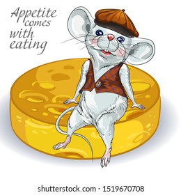 Calendar 2020 year of the Rat. White mouse sitting on cheese. Winter card-happy New year and Christmas, Valentine's Day, drawing on dishes, mugs, clothes