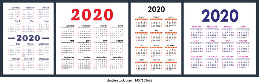 Calendar 2020 year set. New year. Vector square and vertical calender design template. English collection. Week starts on Sunday