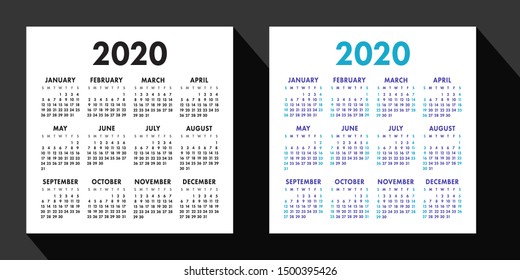 Calendar 2020 year set. Square vector design template. English pocket calender. Week starts on Sunday