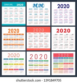 Calendar 2020 year set. Vector square calender design template. Colorful English collection. Week starts on Sunday