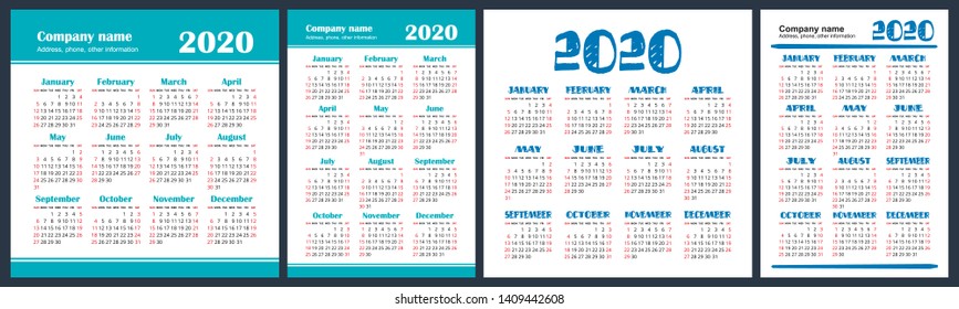 Calendar 2020 year set. Vector square and vertical calender design template. Color English collection. Week starts on Sunday