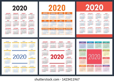 Calendar 2020 year set. Vector square calender design template. Colorful English collection. Week starts on Sunday