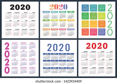 Calendar 2020 year set. Vector square calender design template. Colorful English collection. Week starts on Sunday
