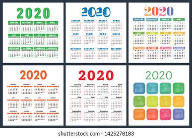 Calendar 2020 year set. Vector square calender design template. Colorful English collection. Week starts on Sunday