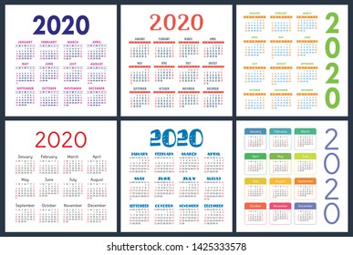 Calendar 2020 year set. Vector square calender design template. Colorful English collection. Week starts on Sunday