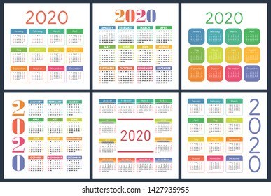 Calendario 2020. Plantilla de diseño de calendario cuadrado vectorial. Colorida colección en inglés. La semana empieza el domingo