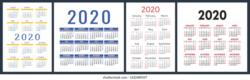 Calendar 2020 year set. Vector square and vertical calender design template. Color English collection. Week starts on Sunday