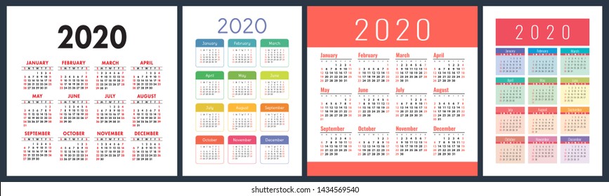 Calendar 2020 year set. Vector square and vertical calender design template. Colorful English collection. Week starts on Sunday