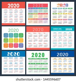 Calendar 2020 year set. Vector square calender design template. Colorful English collection. Week starts on Sunday