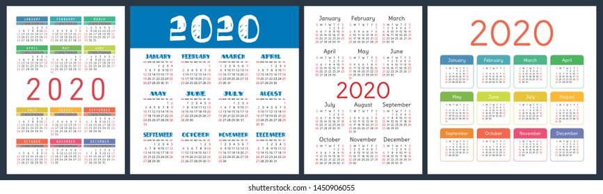 Calendar 2020 year set. Vector square and vertical calender design template. English collection. Week starts on Sunday