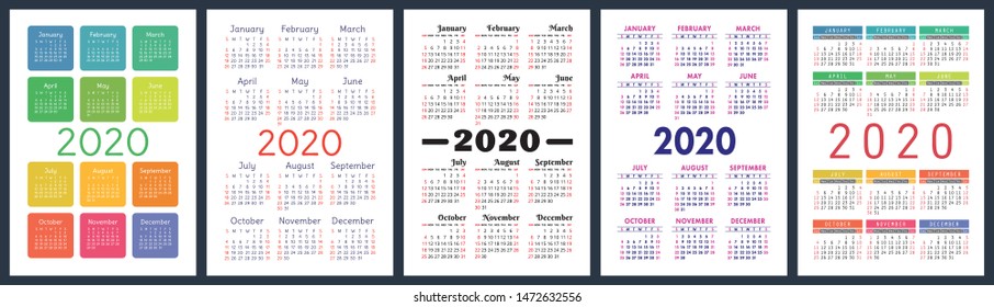 Calendar 2020 year set. Vector vertical calender design template. Colorful English collection. Week starts on Sunday