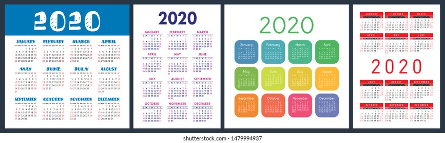 Calendar 2020 year set. Vector square and vertical calender design template. Colorful English collection. Week starts on Sunday