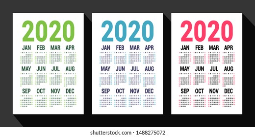 Calendar 2020 year set. Vector design template. English vertical pocket calender. Week starts on Sunday