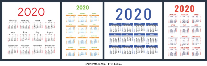 Calendar 2020 Year Set. Vector Square And Vertical Calender Design Template. Colorful English Collection. Week Starts On Sunday