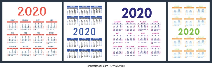 Calendar 2020 year set. Vector square and vertical calender design template. Colorful English collection. Week starts on Sunday