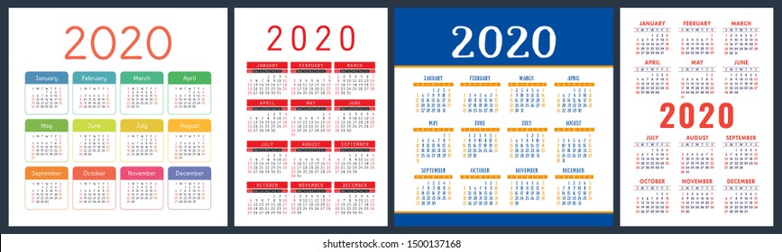 Calendar 2020 year set. Vector square and vertical calender design template. Colorful English collection. Week starts on Sunday