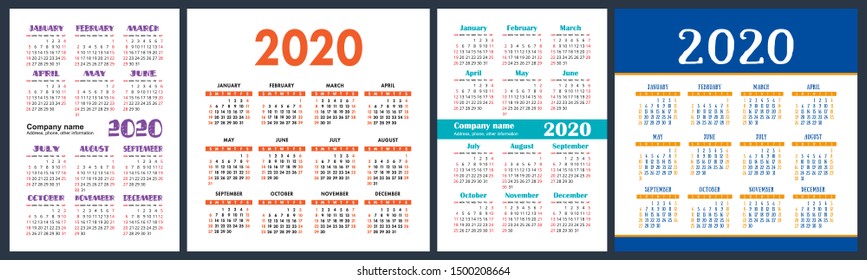 Calendar 2020 year set. Vector square and vertical calender design template. English collection. Week starts on Sunday