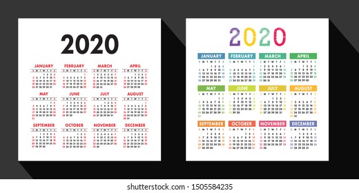 Calendar 2020 year set. Vector design template. English square pocket calender. Week starts on Sunday