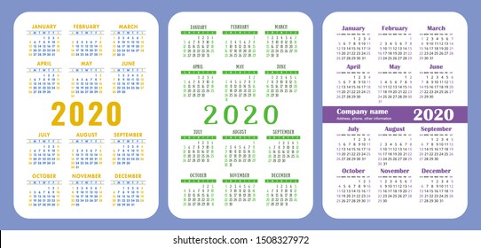Calendar 2020 year set. Vector design collection. Color English calender. Basic grid template for print. Week starts on Sunday