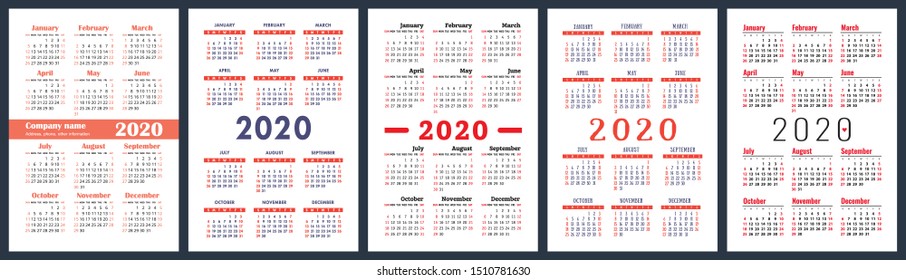 Calendar 2020 year set. Vector vertical calender design template. Colorful English collection. Week starts on Sunday