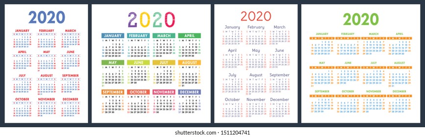 Calendar 2020 year set. Vector square and vertical calender design template. Colorful English collection. Week starts on Sunday