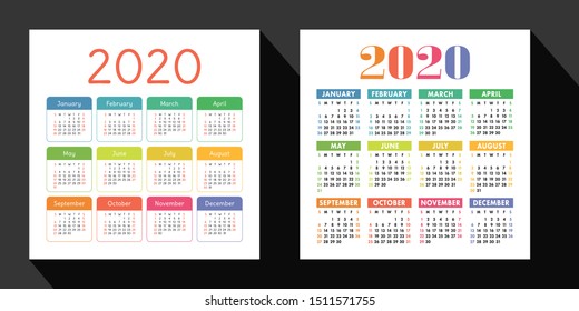 Calendar 2020 year set. Vector design template. English square pocket calender. Week starts on Sunday