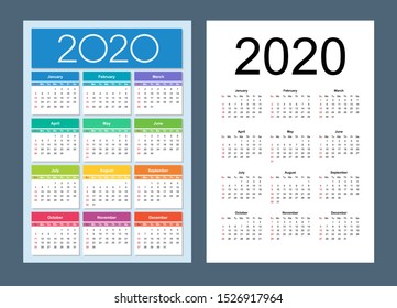 Calendar 2020 year set. Week starts on Sunday. Vertical calendar simple design template. Isolated vector illustration.