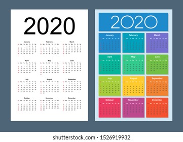 Calendar 2020 year set. Week starts on Sunday. Vertical calendar simple design template. Isolated vector illustration.