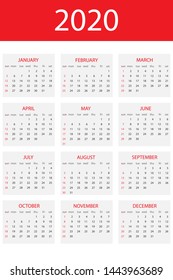 Calendar 2020 year, simple design template, vertical format, week starts on Sunday, vector illustration