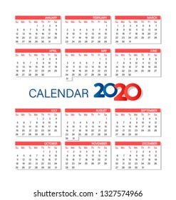Calendar 2020 year simple style. Week starts from Sunday. Vector template. Set of 12 Months.