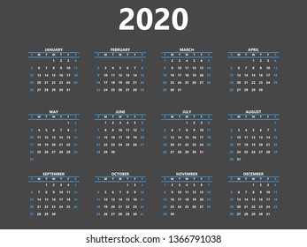 Calendar 2020 year simple style. Blue lines, blue weekends Week starts from Sunday. Vector illustration