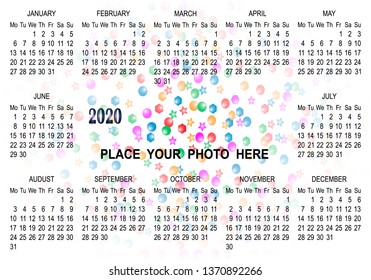 Calendar 2020 year simple style. Week starts from Monday. Vector illustration
