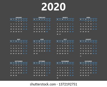 Calendar 2020 year simple style. Blue lines, blue weekends Week starts from Monday. Vector illustration