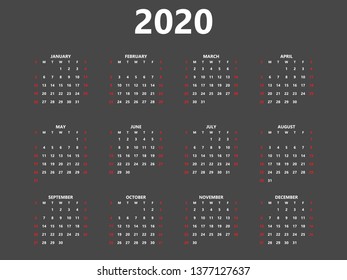 Calendar 2020 year simple style planner. Black background and white symbols.  Week starts from Sunday