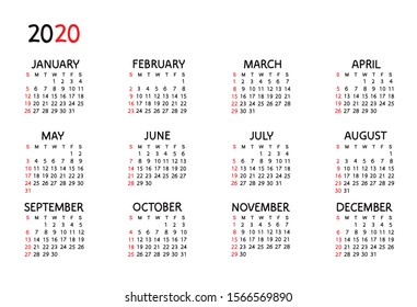 Calendar 2020 year simple style. Week starts from Sunday. Vector illustration.
