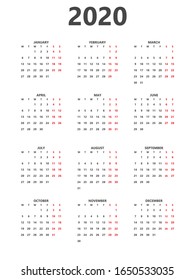 Calendar 2020 year simple style. Week starts from Monday. Vector Illustration