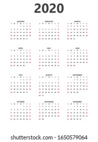 Estilo simple del calendario 2020. La semana comienza el lunes.  Ilustración vectorial