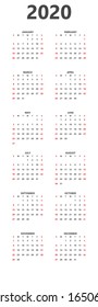 Calendar 2020 year simple style. Week starts from sunday. Vertical orientation 2020 year calendar. Vector Illustration