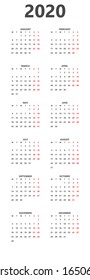 Calendar 2020 year simple style. Week starts from monday. Vertical orientation 2020 year calendar. Vector Illustration