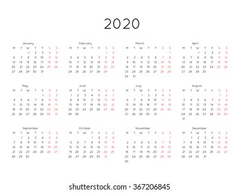 Calendar 2020 year simple style. Week starts from monday