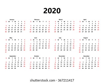 Calendar 2020 year simple style. Week starts from sunday
